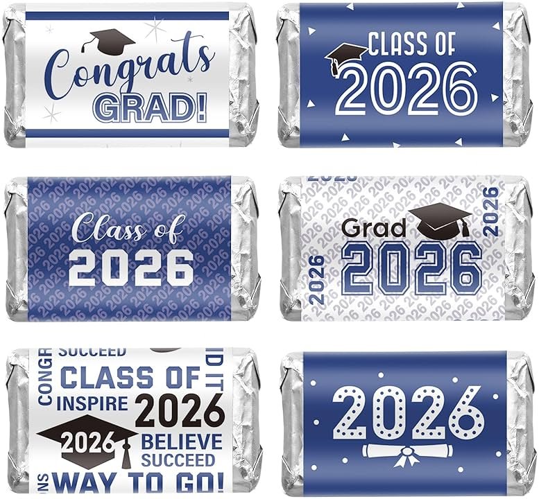 Outus 90 Pcs Graduation 2026 Decoration Label Sticker - Congrats Grad Mini Candy Bar Wrapper Class of 2026 Party Supplies for High School College Nursing Grad, Candy Not Included (Blue and White) - Product Image