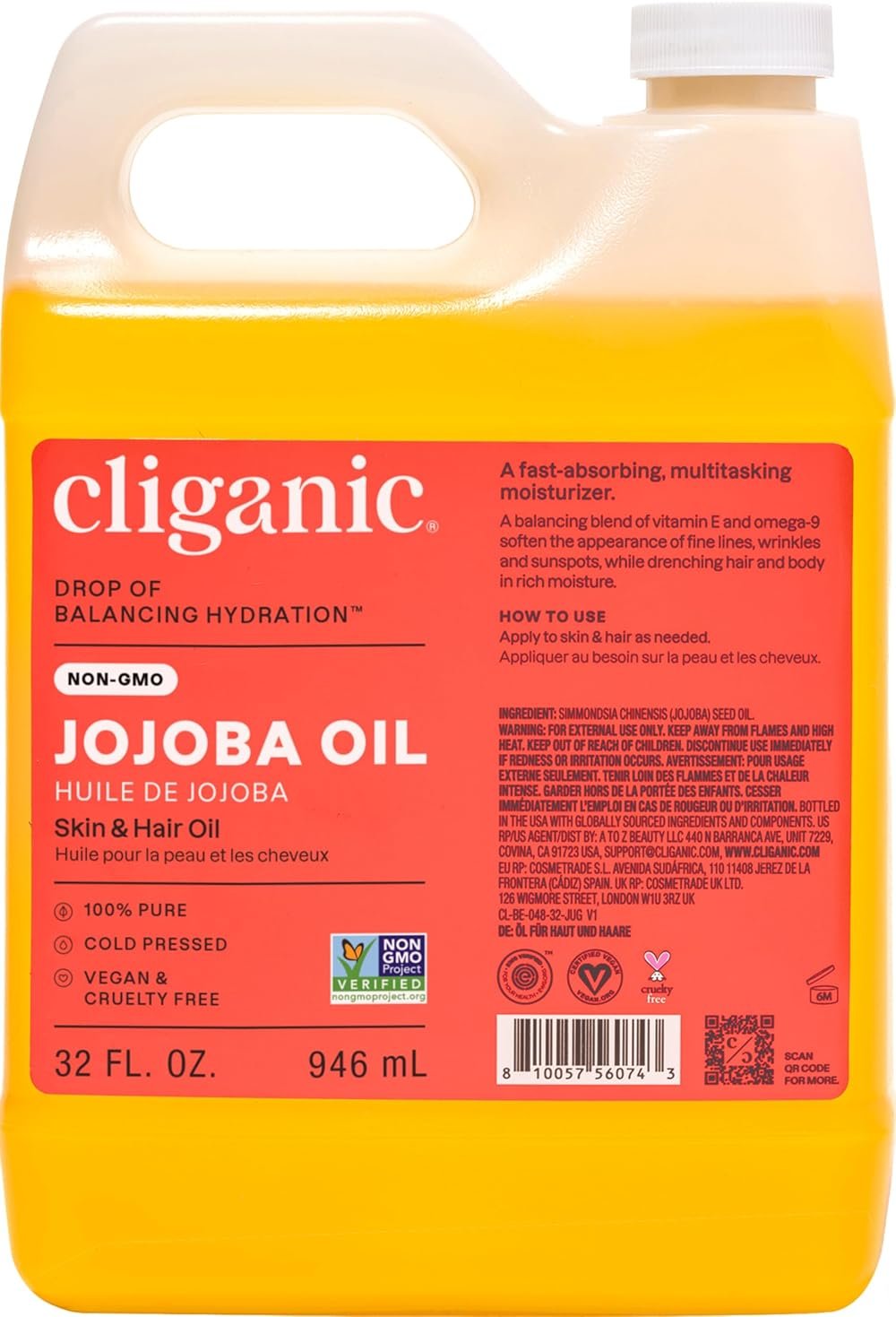 Cliganic Non-GMO Jojoba Oil Bulk 32oz, 100% Pure - Natural Cold Pressed Unrefined Hexane Free Oil for Hair & Face - Product Image