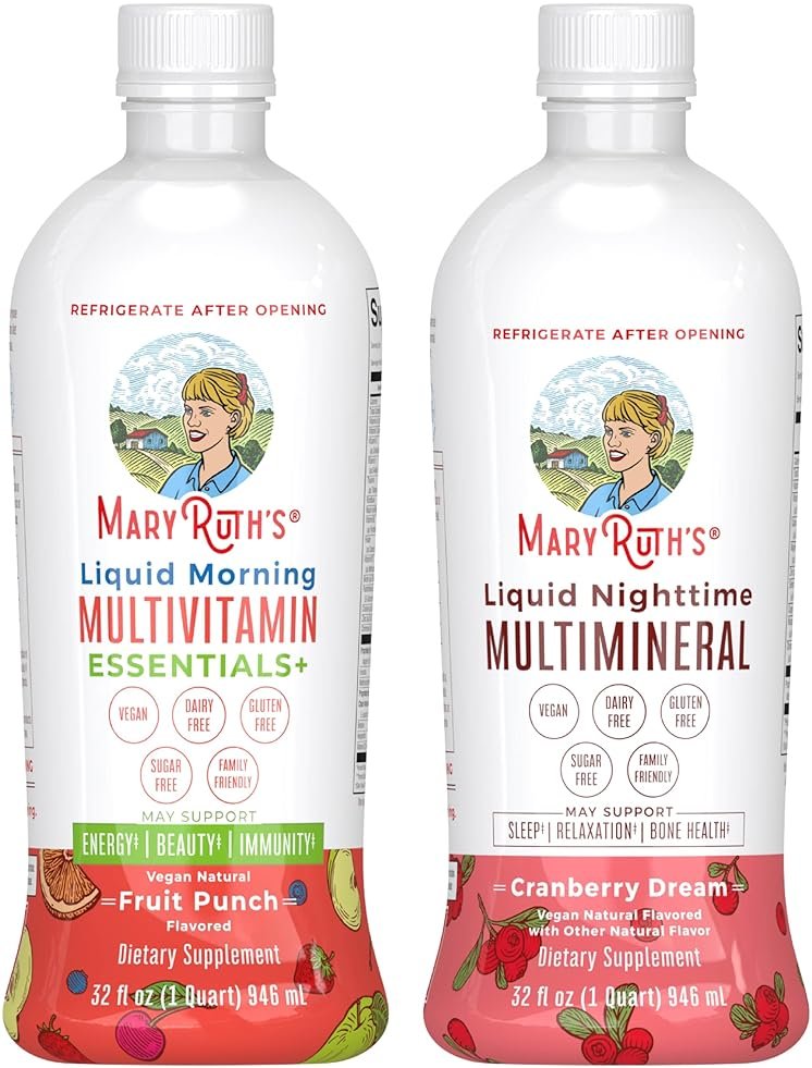 MARYRUTH'S Liquid Morning Multivitamin (Fruit Punch) & Liquid Nighttime Multimineral (Cranberry) | Clean Label Project Verified® | Vegan Vitamins for Energy, Bedtime, & Overall Health - Product Image