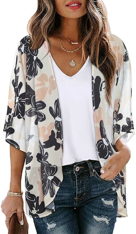 Women's Floral Print Puff Sleeve Kimono Cardigan Loose Cover Up Casual Blouse Tops 2026 - Product Image