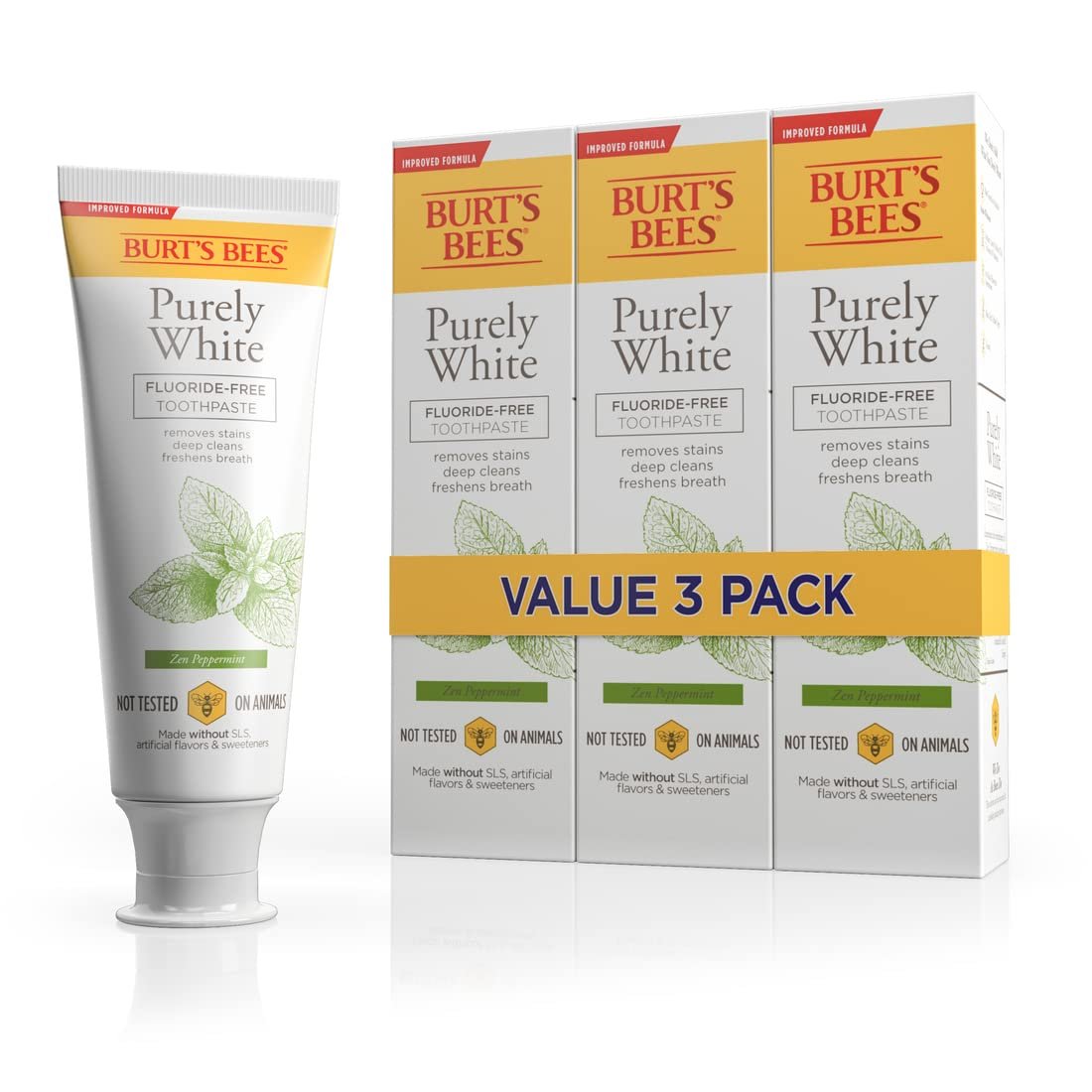 Burt's Bees Toothpaste, Natural Flavor, Fluoride-Free, Purely White, Zen Peppermint, 4.7 oz, Pack of 3 - Product Image
