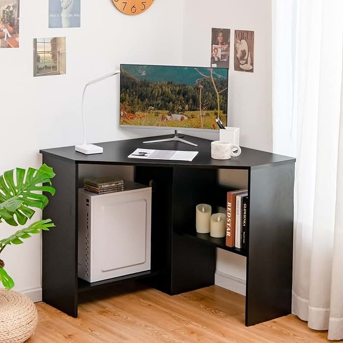Tangkula Corner Desk, 90 Degrees Triangle Computer Desk for Small Space, Bedroom Corner Makeup Vanity Desk with Storage Shelves & CPU Stand - Product Image