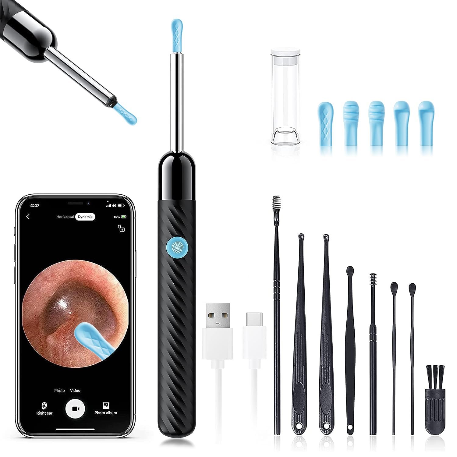 LEIPUT Ear Wax Removal - Earwax Remover Tool with 8 Pcs Ear Set - Ear Canal Cleaner with 1080P Camera - FSA HSA Eligible - Ear Cleaning Kit with 6 Ear Spoon - Ear Camera for iOS & Android (Black) - Product Image