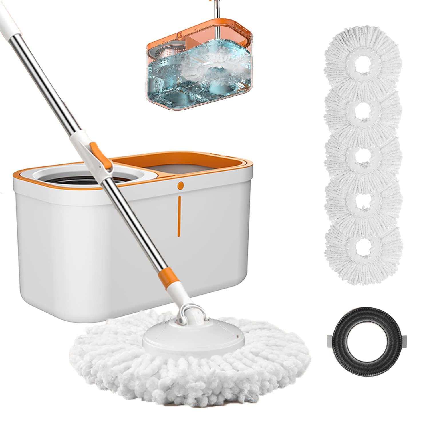 Floor Spin Mop and Bucket Set with Wringer System Extended Stainless Steel Handle 61＂for Home Floor Cleaning Use with 5 Replacement Head Refill and 1 Cleaning Brush Head - Product Image