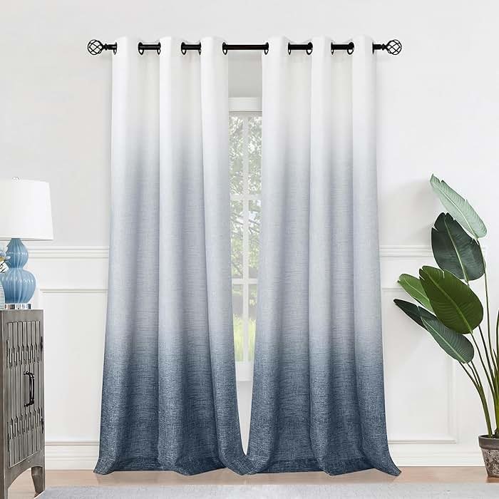 Central Park Ombre Window Curtain Panel Linen Gradient Print on Rayon Blend Fabric Drapery Treatments for Living Room/Bedroom, Cream White to Indigo Blue, 40" x 84", Set of 2 - Product Image
