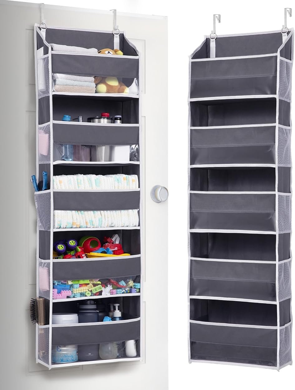 ULG 1 Pack Over Door Organizer with 5 Large and 10 Mesh Side Pockets, 44 lbs Weight Capacity Hanging Storage with Clear Window Kids Toys, Shoes, Diapers, Dark Grey, 5 Layers - Product Image