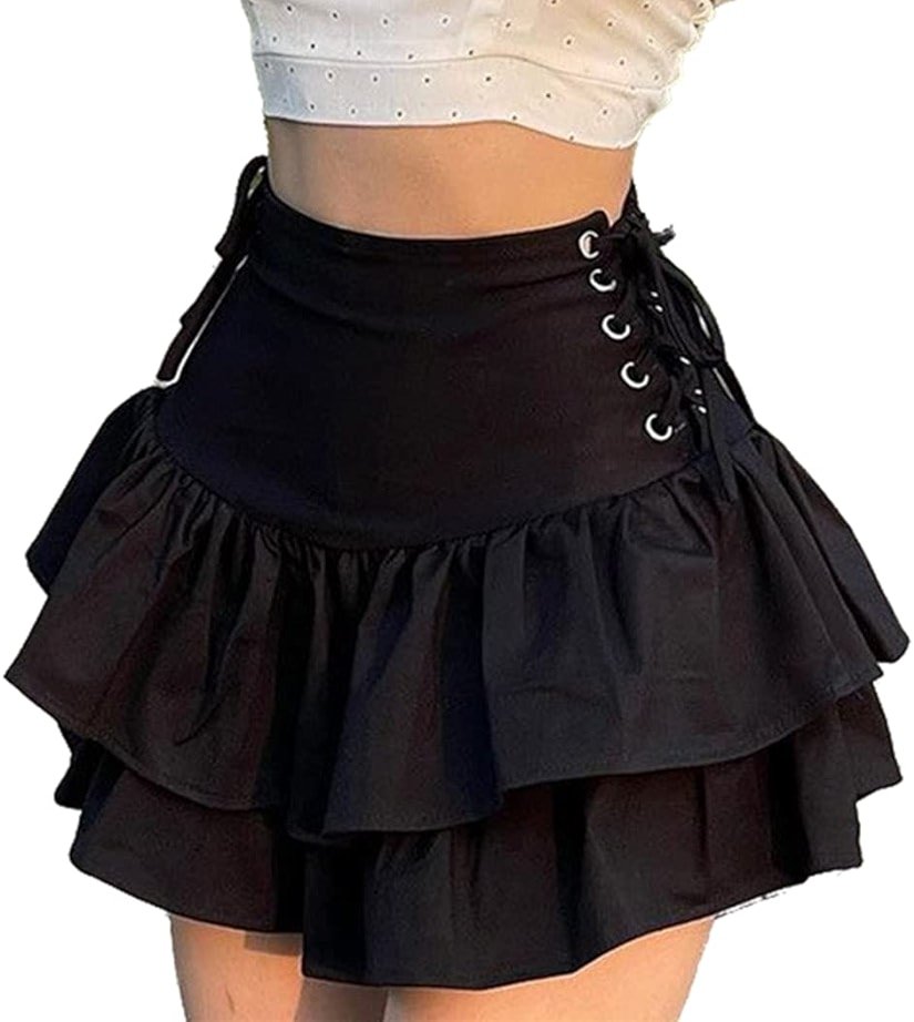 Women Gothic Skirt Fairy Grunge Aesthetic Mall Goth Mini Skirts 2000s E Girl Clothing Fluffy Ruffle Lace-Up - Product Image