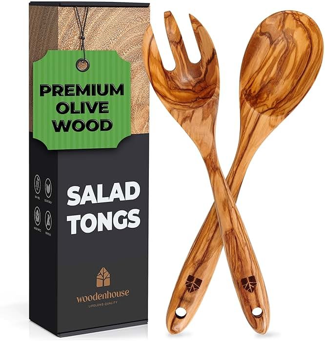 Wooden Salad Tongs for Serving - 12 Inches, Premium Olive Wood Salad Serving Utensils for Mixing, Tossing & Cooking - Sturdy Wooden Fork and Spoon with Long Comfortable Grip - Product Image