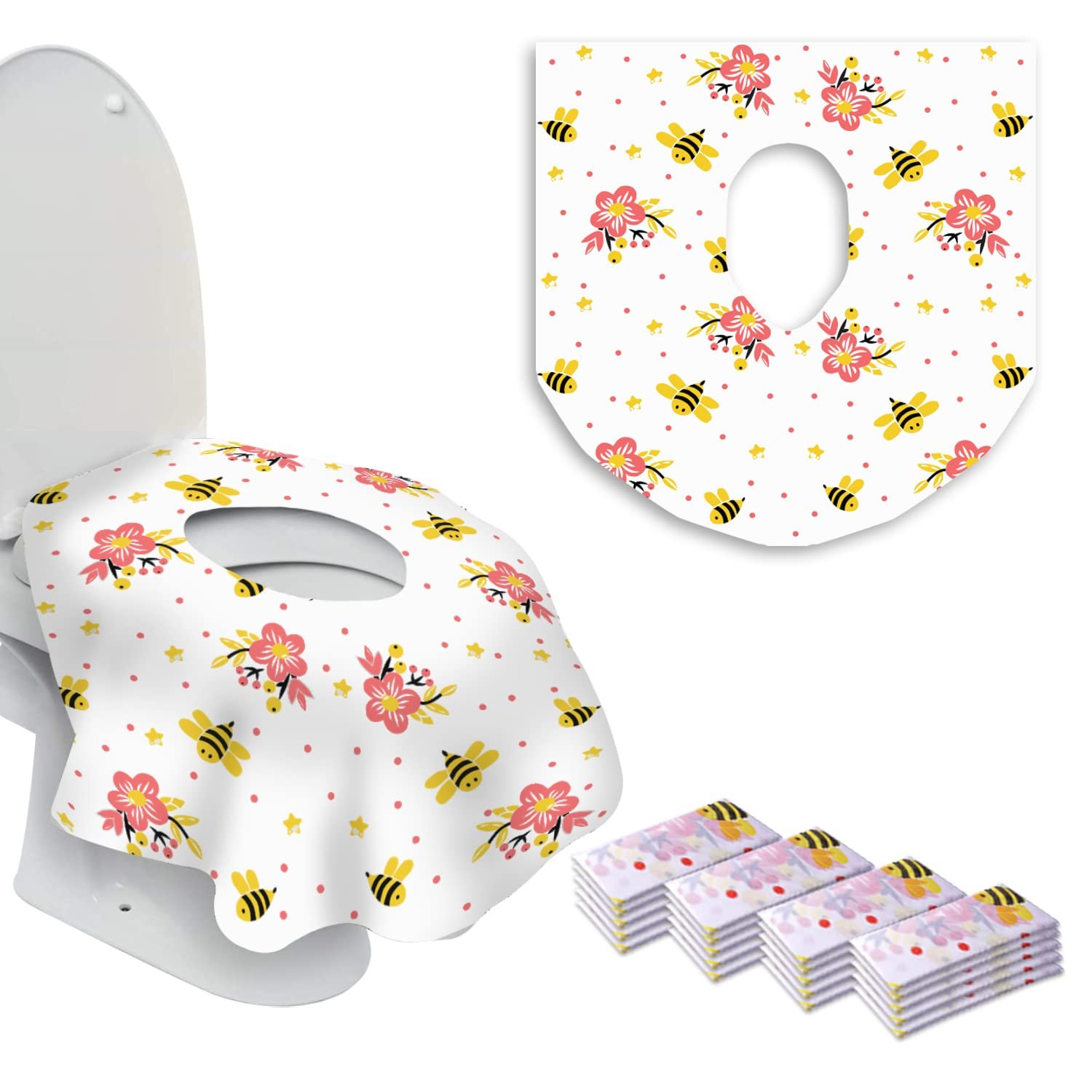 20 Extra Large Toilet Seat Covers Disposable for Kids & Adults-Toilet Covers Disposable for travel-Toddler Toilet Seat Cover Liners for Potty Training-Individually Wrapped-Waterproof (Bees) - Product Image