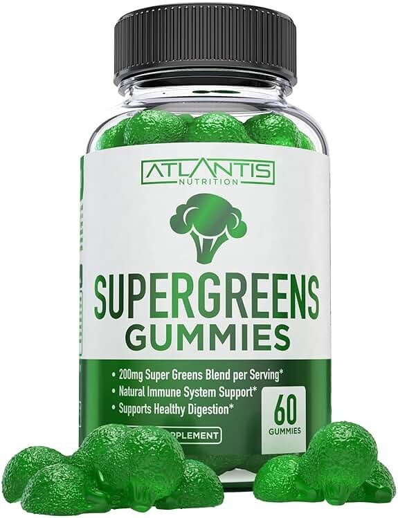 Atlantis Nutrition Supergreens Gummies - Daily Green Superfoods Supplement with Spinach, Broccoli, Moringa, Beet Root, Celery, Green Tea, & Acai for Immunity Support - Natural Raspberry Flavor, 60 cnt - Product Image