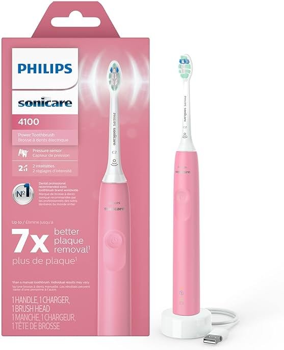 Philips Sonicare 4100 Rechargeable Electric Toothbrush, with Pressure Sensor, 2 Intensity Settings, SmarTimer and QuadPacer, 14-Day Battery Life, Deep Pink, Model HX3681/26 - Product Image