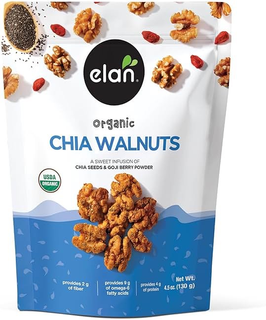 Elan Organic Chia Walnuts, 4.5 oz, Non-GMO, Gluten-Free, Vegan, Kosher, Healthy Snacks, Glazed Nuts with Chia Seeds, Goji Berry Powder & Himalayan Pink Salt, Superfood Infused Nuts - Product Image