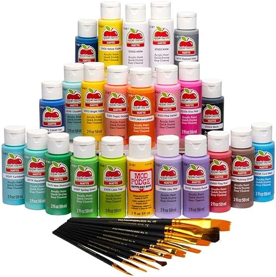 Apple Barrel Art Lessons Paint and Brush Set, 34 pc Kit Including 23 2 fl oz Apple Barrel Acrylic Paint Colors, 1 2 fl oz bottle of Mod Podge Matte, 10 FolkArt Brushes, 6 Video Lessons And More - Product Image