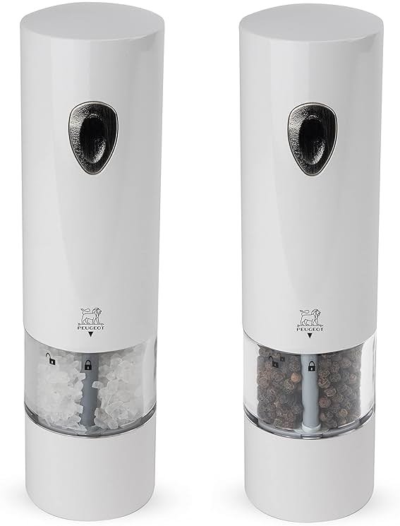 Peugeot PHENIX White Lacquered Stainless Steel Electric Adjustable Salt & Pepper Mill Gift Set, 8-inch - Product Image
