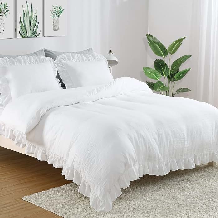 CAROMIO White Ruffle Duvet Cover Queen Size, 3PCS Soft Washed Microfiber Vintage French Country Duvet Cover Set for Queen Bed, White, 90x90 in - Product Image