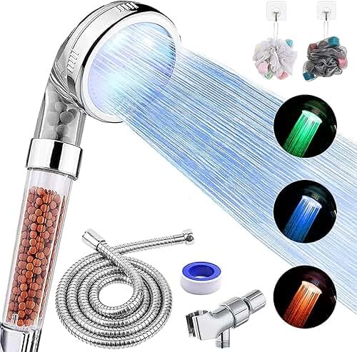 FASTRAS LED Shower Head with Handheld, High Pressure Shower Head with Hose, Holder & PTFE Tape etc, 3 Water Temperature-Controlled Water Saving Filtered Shower Head for Dry Hair& Skin - Product Image