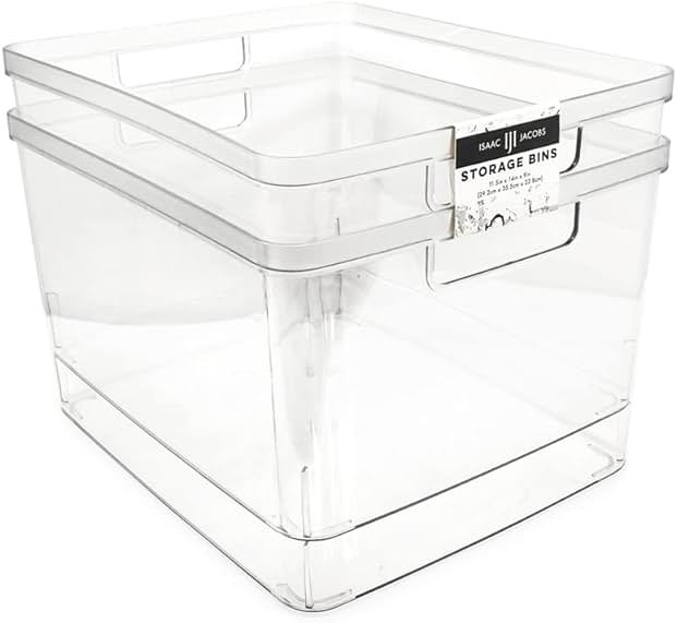 Isaac Jacobs 2-Pack Extra-Large Clear Storage Bins (11.5” L x 14” W x 9” H) w/Cutout Handles, Plastic Organizer for Home, for Kitchen, Fridge, Pantry, BPA Free, Food Safe (2-Pack, Extra-Large) - Product Image