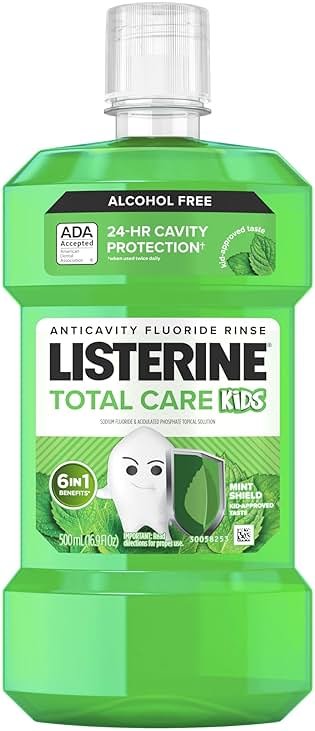 Listerine Total Care Kids Mouthwash, ADA Accepted, Alcohol-Free Anticavity Fluoride Mouthwash, Oral Rinse for Cavity Protection and Fresh Breath, Mint Shield Flavor, 500 mL - Product Image