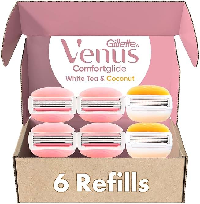 Gillette Venus ComfortGlide White Tea 4 count, with Gillette Venus ComfortGlide plus Olay 2 count, Women's Razor Blade Refills - Product Image