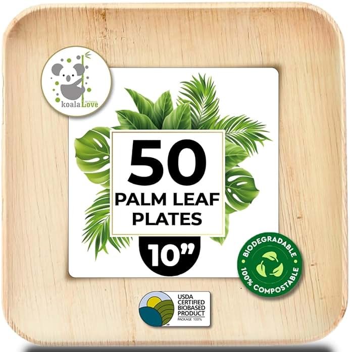 Palm Leaf Plates 10 Inch Bamboo Paper Disposable 50 Bulk Dinner Square Party Plates Event Tableware Eco Biodegradable Compostable Wooden Plate Best Alternative to Plastic Plate, By KoalaLove - Product Image