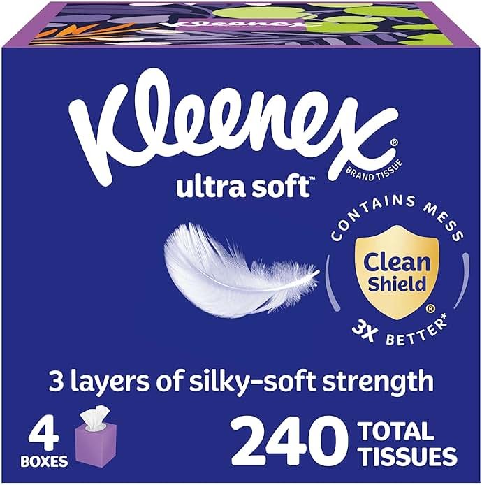 Kleenex Ultra Soft Facial Tissues, 4 Cube Boxes, 60 Tissues per Box, 3-Ply (240 Total), Packaging May Vary - Product Image