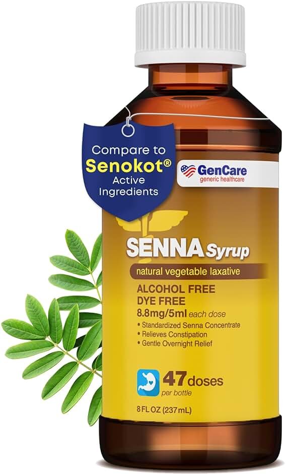 GenCare - Senna Syrup Liquid Laxative (8 Fl Oz Bottle) All Natural Vegetable Sennosides Active Ingredient | Easy to Swallow Constipation Relief for Adults and Kids 12 and Older | Best Value Size - Product Image