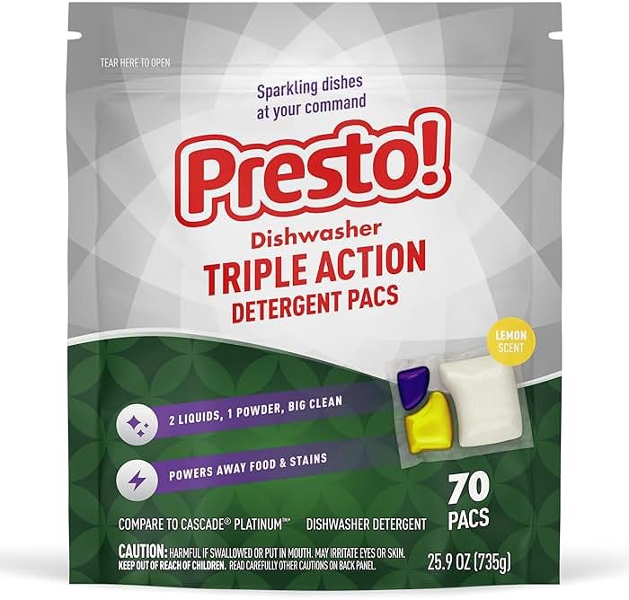 Amazon Brand - Presto! Triple Action Dishwasher Pacs, Lemon Scent, 70 Count - Product Image