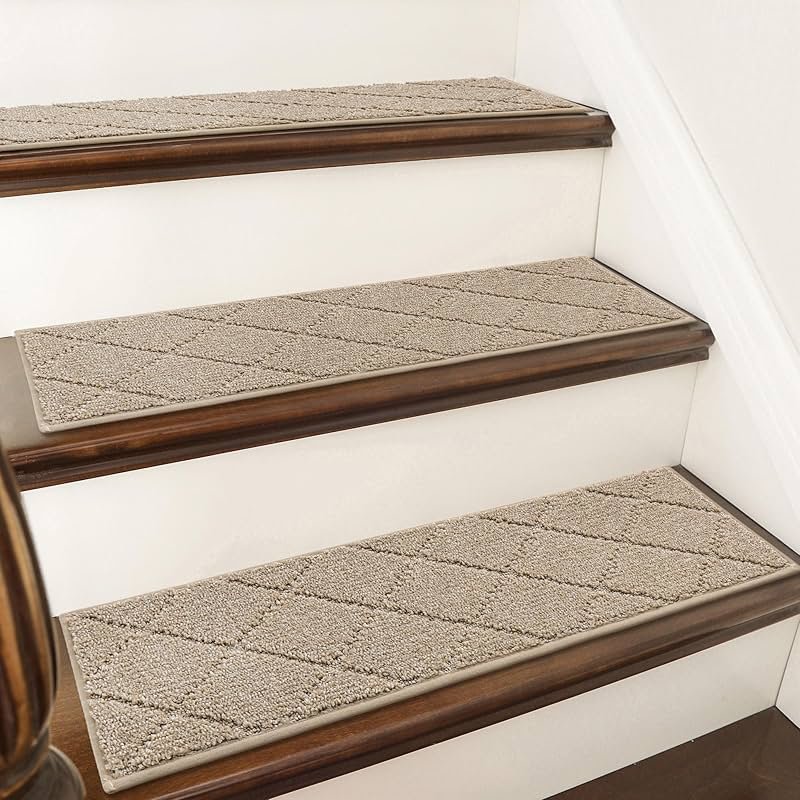 COSY HOMEER Stair Treads for Wooden Steps 9"x28", Washable Non Slip Carpet Stair Treads, Soft Peel and Stick Stair Tread, Reusable Pet Friendly Polyester Stair Runner Rugs for Kids, Elders,Beige,15pcs - Product Image