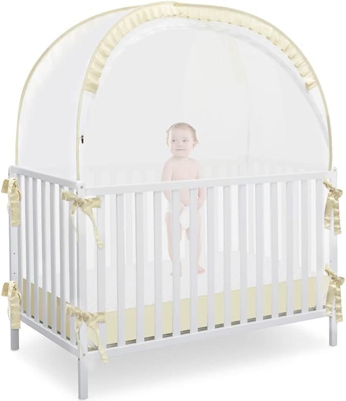 L RUNNZER Baby Safety Crib Tent, Pop Up Canopy for Crib to Stop Baby from Climbing Out, Infant Mesh Cover Mosquito Net with Sturdy Frame & Soft Mesh, Beige, (R07-beige) - Product Image
