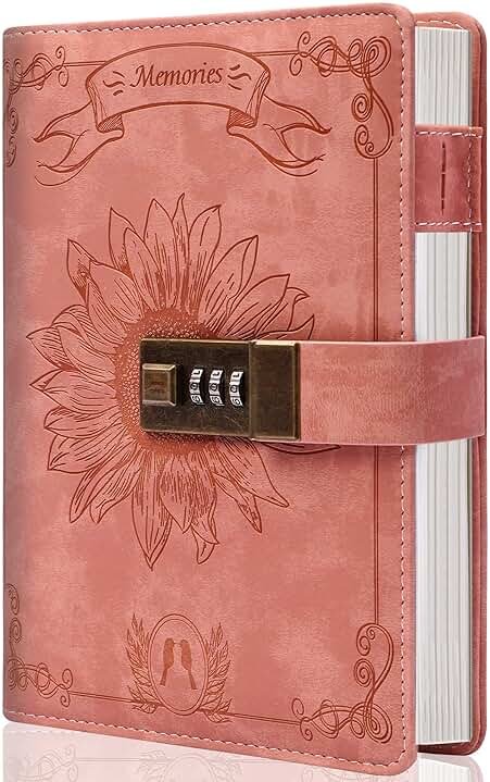 Lock Diary for Women Girls Vintage Lock Journal Refillable Personal Locking Diary Leather Locking Journal Writing Notebook B6 Secret Journal with Combination Passwords 5.5 x 7.8 in, Sunflower Pink - Product Image