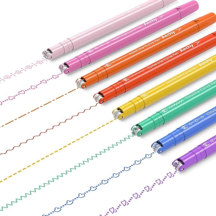 AECHY 8PCS Curve Highlighter Pen for Note Taking, Dual Tip Pens with 8 Different Curve Shapes & 8 Colors Fine Lines, Colored Curve Pens Set for Kids Journaling Back to School Supplies - Product Image
