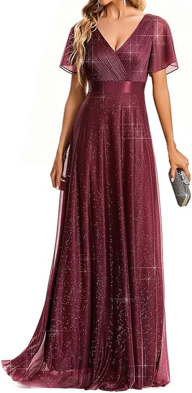 Ever-Pretty Women's Summer Glitter Formal Dresses Evening Gown V Neck Short Sleeves Floor Length Mother of Bride Dress 50159 - Product Image