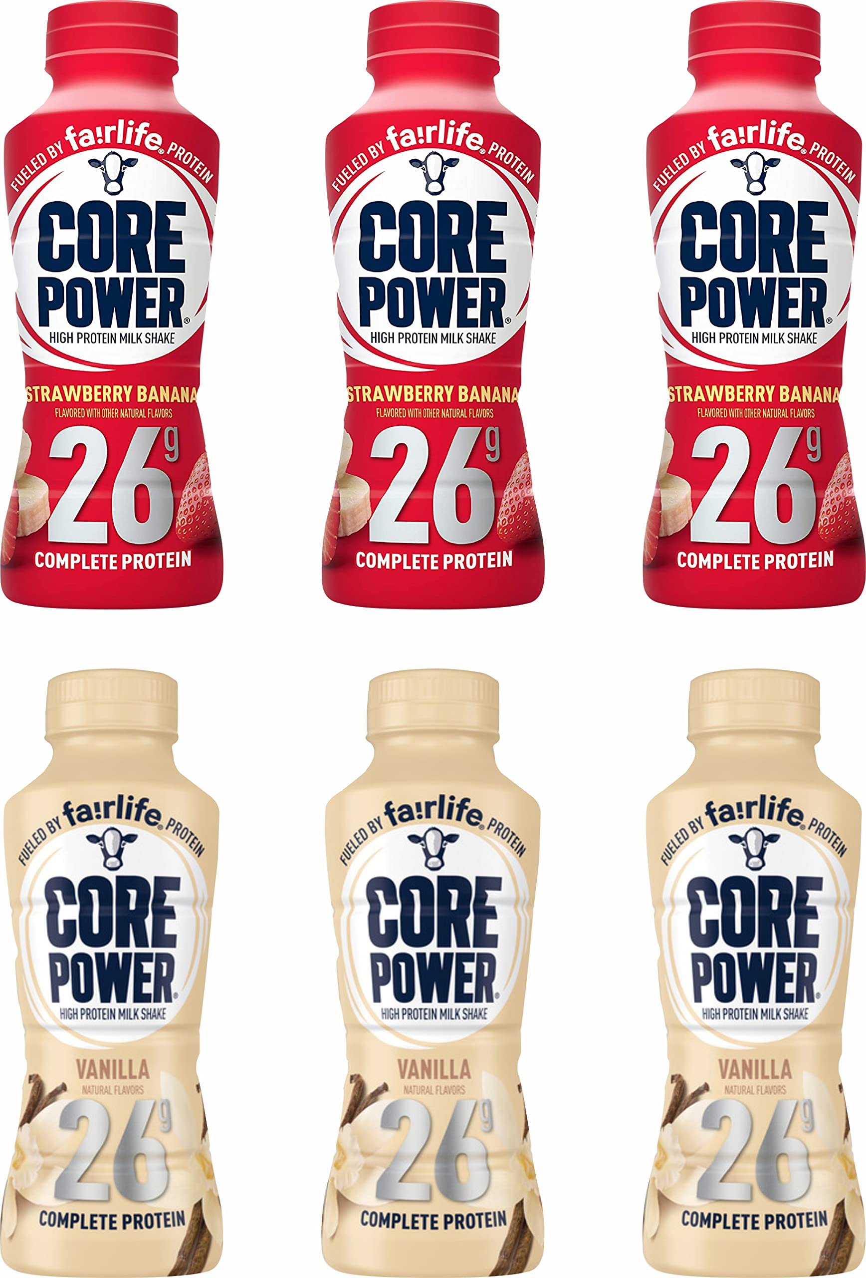 Fairlife Core Power High Protein Milk Shake, Natural Flavor Ready to Drink Protein Shake, The best Strawberry Protein Shakes, 14 fl oz , 26gm (Strawberry Banana/ Vanilla flavor, Pack of 6 Bottles) protein, beverages, strawberries, - Product Image