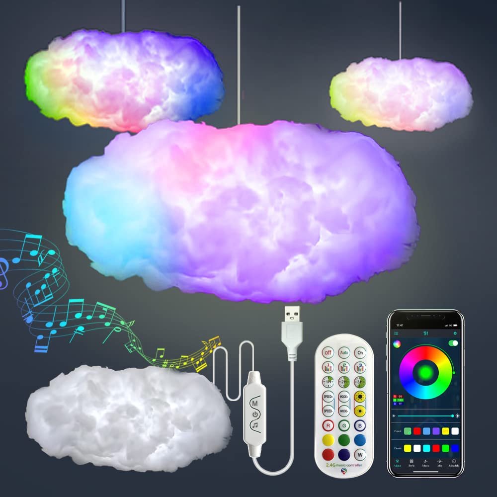 3D Big Cloud lightning Light Kit Music Sync Warm White Multicolor lightning Changing Strip Lights 360 Degree Wireless Remote APP NO DIY Coolest Decorations for Adults and Kids Indoor Home Bedroom - Product Image