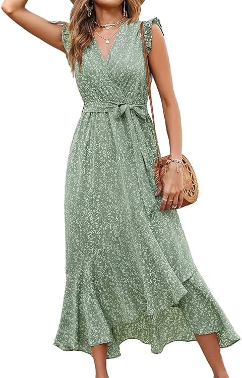 BTFBM Womens Boho Maxi Dress 2026 Summer Floral Vacation Ruffle Sleeve V Neck Wrap Spring Beach Wedding Guest Dresses - Product Image