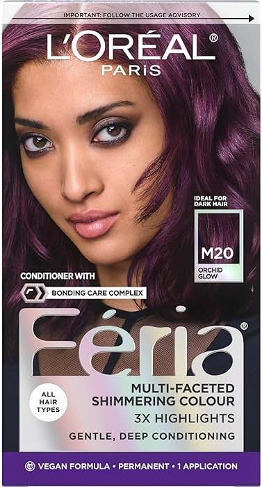 L’Oreal Paris Feria Midnight Bold Multi-Faceted Permanent Hair Dye, One-Step Hair Color Kit for Dark Hair, No Bleach Required, Orchid Glow - Product Image