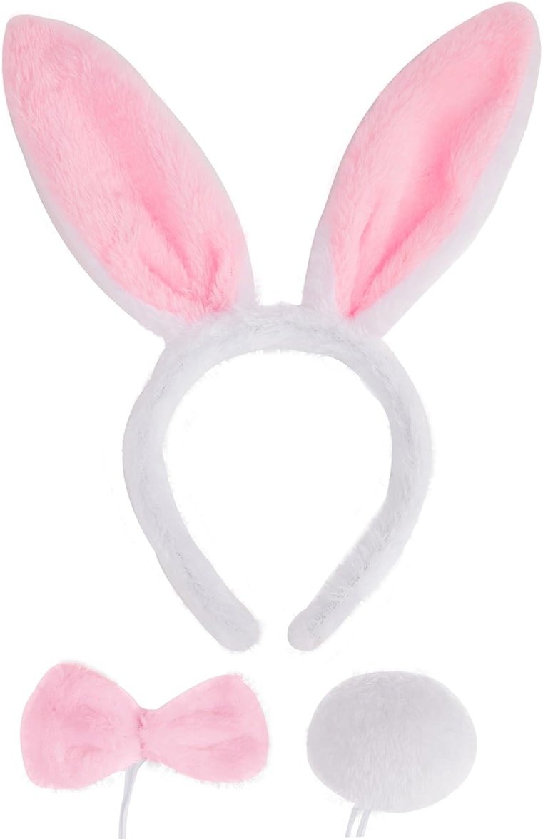 JIALWEN Easter Bunny Ears Set, 3 Piece Plush Rabbit Ears Headband Bow Tie and Tail for Halloween Cosplay Party Dress Up Accessories (White + Pink) - Product Image