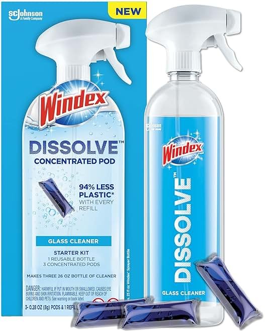 Windex Dissolve Concentrated Pods, Glass Cleaner Starter Kit contains 1 Reusable Bottle, 3 Concentrated Dissolvable Pod - Product Image