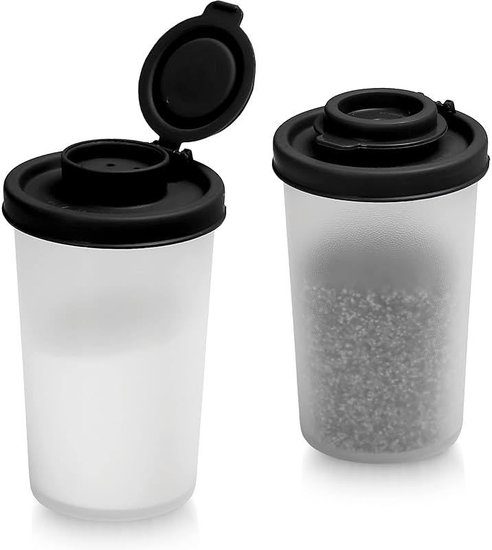 SIGNORAWARE Salt and Pepper Shakers Moisture Proof Set of 2 Large Salt Shaker to go Camping Picnic Outdoors Kitchen Lunch Boxes Travel Spice Set Clear with Black Lids Plastic Airtight Dispenser - Product Image