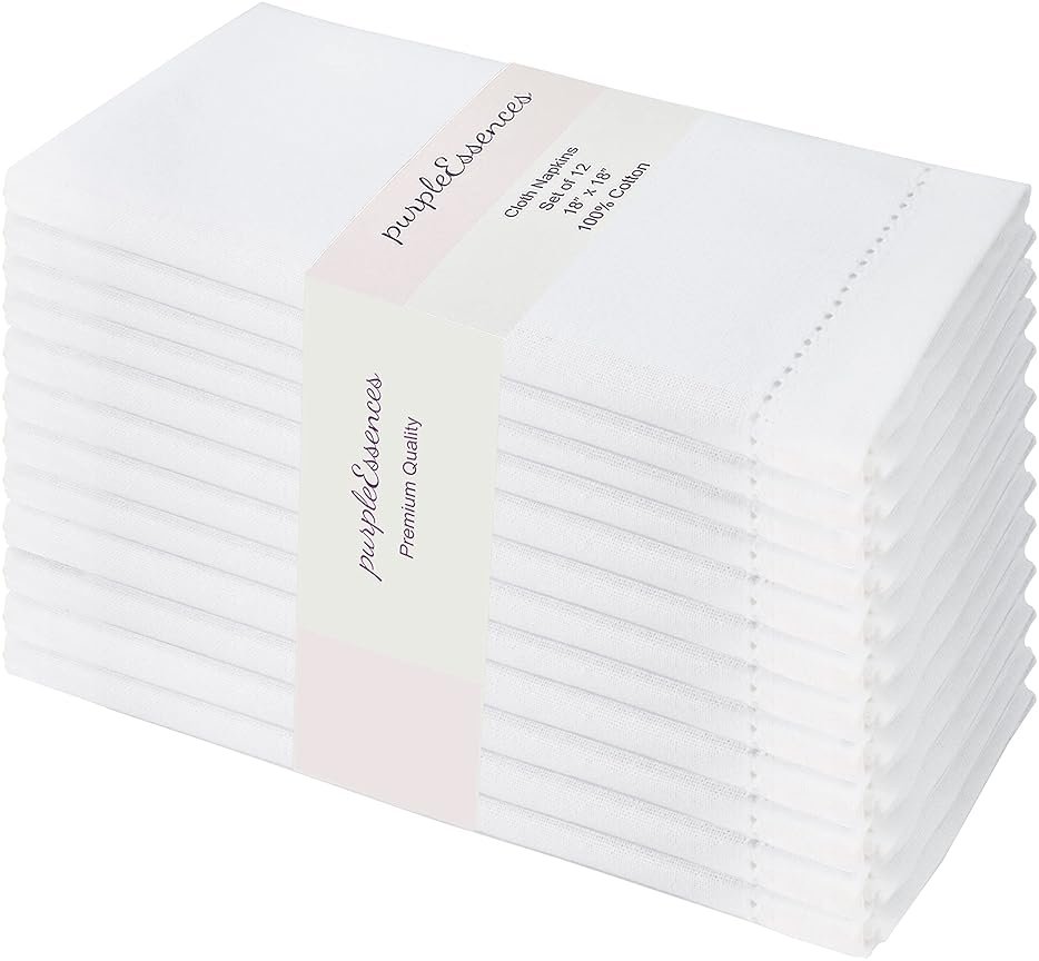 PurpleEssences Set of 12 Hemstitch Cloth Dinner Napkins 100% Cotton - Soft Durable Washable - Ideal for Wedding Spring Easter Summer - Perfect Everyday Use Table Linen 18x18 - White - Product Image