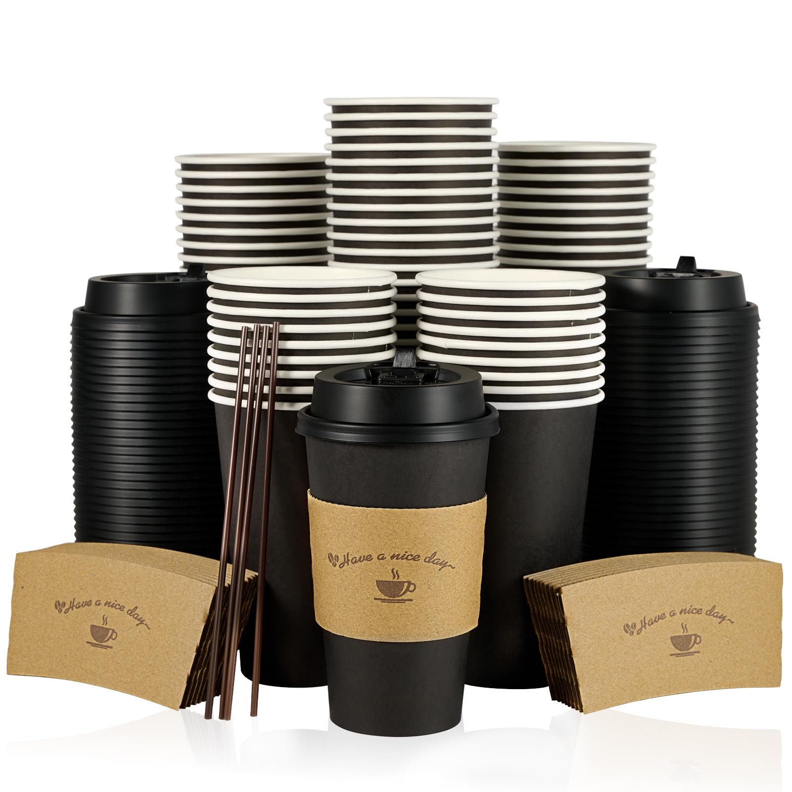 LITOPAK 100 Pack 16 oz Paper Coffee Cups with Lids, Black Disposable Coffee Cups with Lids, Sleeves and Stirring Sticks, for Parties, Picnic, Travel, and Events - Product Image