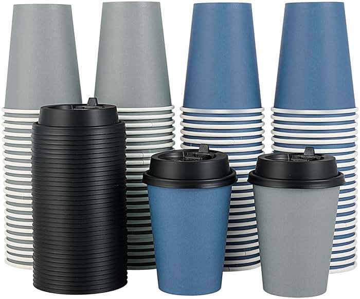 LITOPAK 100 Pack 12 oz Disposable Paper Coffee Cups with Lids for Coffee, Water, Juice, or Tea, Blue and Gray Hot Paper Cups for Home, Restaurant, Store, and Cafe - Product Image