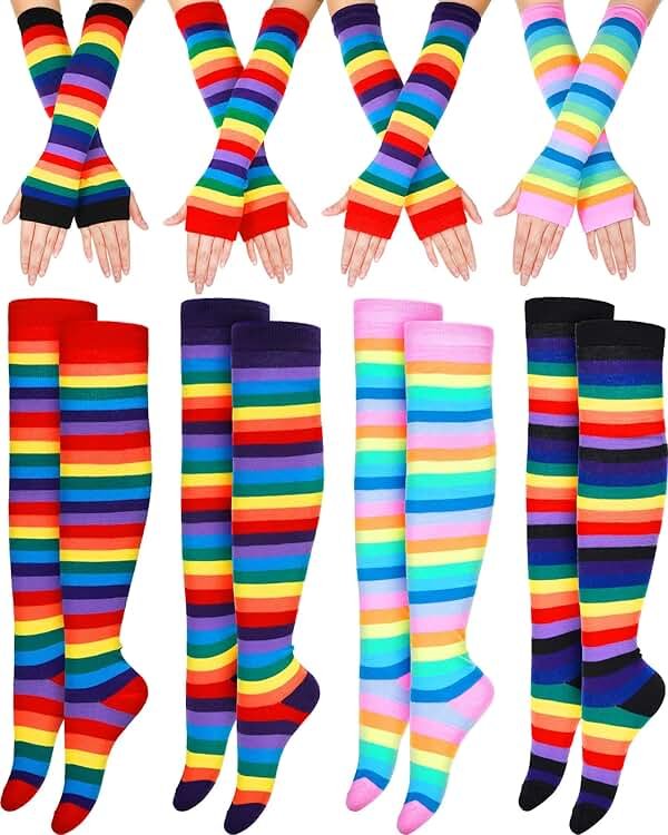 8 Pairs Women's Rainbow Thigh High Socks Fingerless Arm Warmer Set Long Striped High Socks Leg Warmers for Pride Fest - Product Image