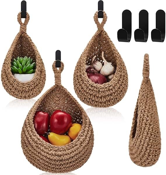 Honeydak Boho Decor Hanging Wall Baskets for Kitchen 3 Pack Teardrop Baskets with Hooks Storage Fruit Onion Vegetable Potato for Home 3 Sizes(Linen,Teardrop,Jute) - Product Image