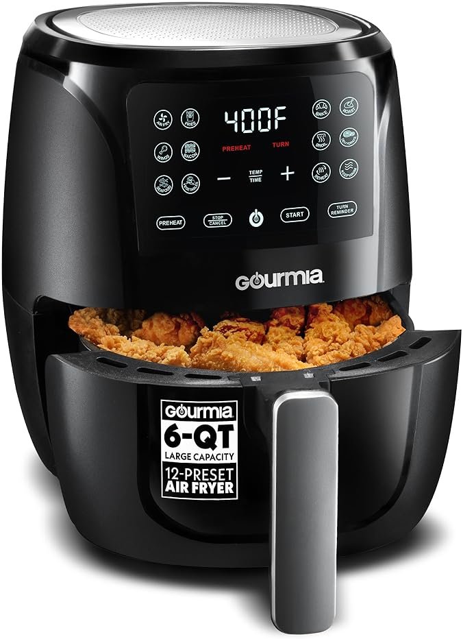 Gourmia Air Fryer - 6 Qt Large Capacity, FryForce 360º, Digital Display with 12 Presets, Roast, Bake, Broil, Dehydrate, Dishwasher Safe Accessories, Black - Product Image