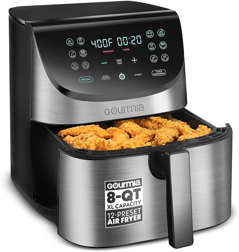 Gourmia Air Fryer - 8 Qt Extra Large Capacity, FryForce360º, Digital Display with 12 Presets, Roast, Bake, Broil, Dehydrate, Dishwasher Safe Accessories, Stainless Steel - Product Image