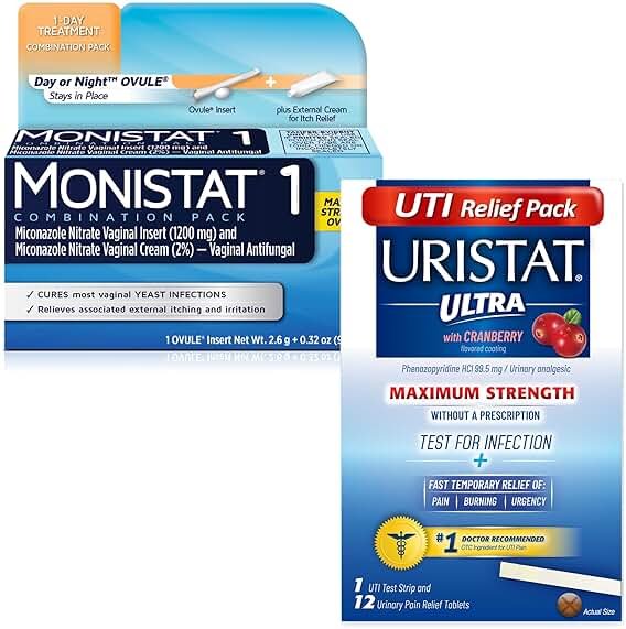 Monistat 1-Day Yeast Infection Treatment, Prefilled with Uristat Ultra UTI Relief Pak, Test for Urinary Tract Infection, Experience Urinary Pain Relief, 1 UTI Test Strip & 12 Pain Relief Tablets - Product Image