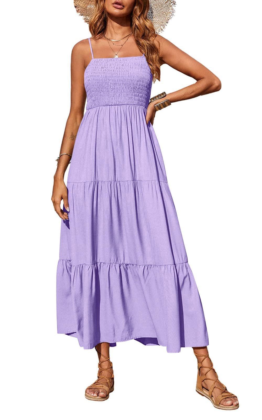 PRETTYGARDEN Women's Summer Maxi Dress 2026 Casual Boho Sleeveless Spaghetti Strap Smocked Tiered Long Beach Sundresses - Product Image