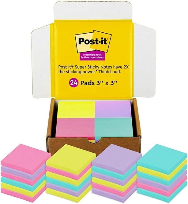 Post-it Super Sticky Notes, 24 Sticky Notes Pads, 3 x 3 in., School Supplies and Oﬃce Supplies, 2X the Sticking Power, Assorted Brights - Product Image