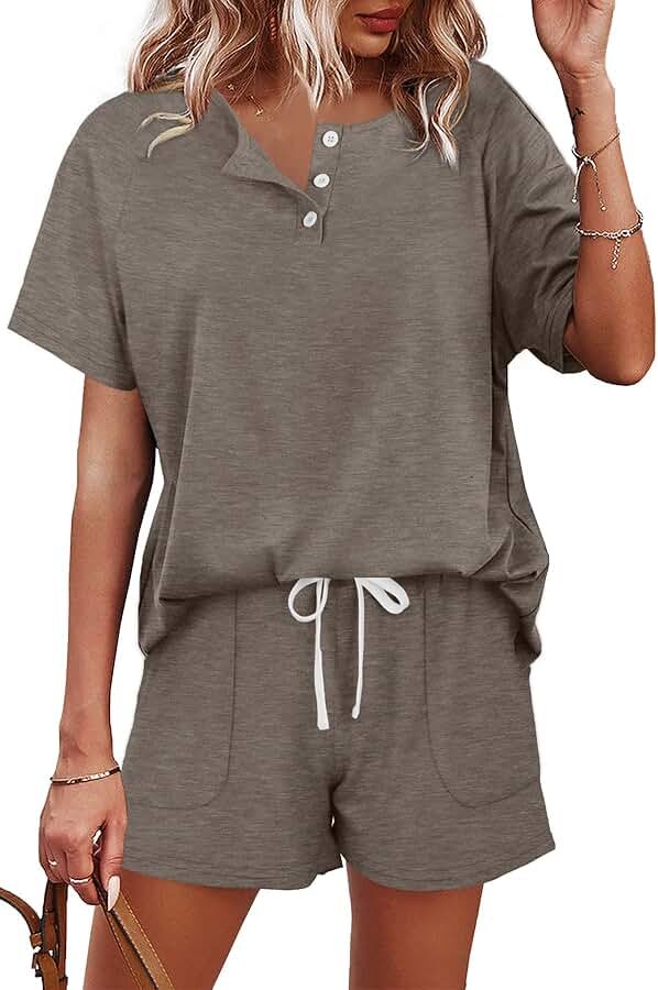 WIHOLL Two Piece Outfits for Women Lounge Sets Button Down Top and Shorts Set Sweatsuits with Pockets - Product Image